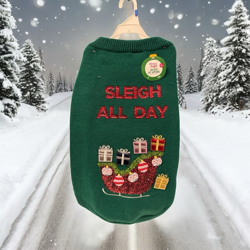 Merry Bright Holiday SLEIGH ALL DAY Sweater‎ Christmas Halloween Dog Costume M